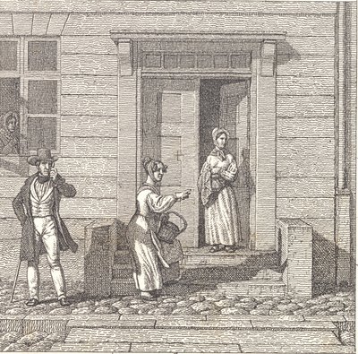 Utcai jelenet, két lány, egy férfi és egy nő keres valamit alkotó: Christoffer Wilhelm Eckersberg