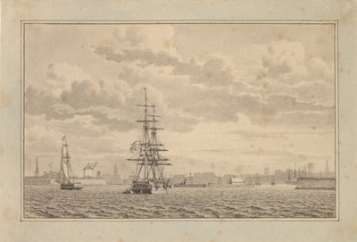 Koppenhága Yderhavnen felől nézve horgonyzó dandárral és vitorlással. alkotó: Christoffer Wilhelm Eckersberg