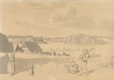 Tó táj, erdővel és mezőkkel körülvéve, az előtérben kisgyerekkel játszó parasztok alkotó: Christoffer Wilhelm Eckersberg