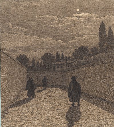 Holdfény egy út felett, három figurával. Illusztráció a "Lineáris perspektívához", IV. tábla alkotó: Christoffer Wilhelm Eckersberg