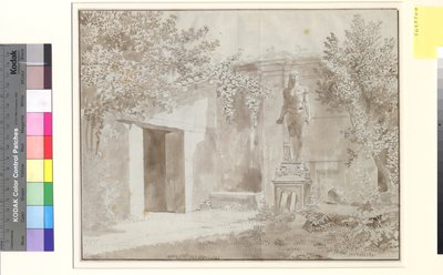 Feltehetően a Palazzo Barberini kertjéből származó telek egyiptomi stílusú római Antinos szoborral, Róma alkotó: Christoffer Wilhelm Eckersberg