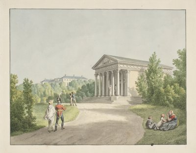 Kilátás a Frederiksberg kertből a kastély és az Apis-templom mellett alkotó: Christoffer Wilhelm Eckersberg