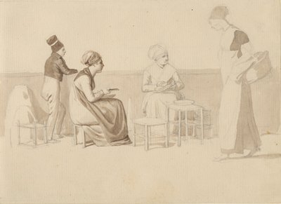 Jelenet egy párizsi farmról vagy rakpartról. Négy ülő, álló és sétáló figura. alkotó: Christoffer Wilhelm Eckersberg