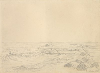 Tengerpart szikláknak ütköző hullámokkal és egy mólóval. alkotó: Christoffer Wilhelm Eckersberg