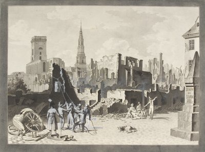 Az Ulfeldt tér, ma Gråbrødertorv, az 1807. szeptemberi brit bombázás után alkotó: Christoffer Wilhelm Eckersberg