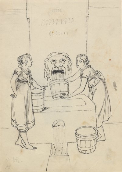 Két nő vizet hoz egy szökőkútnál, amely egy maszk száján keresztül engedi ki a vizet alkotó: Christoffer Wilhelm Eckersberg