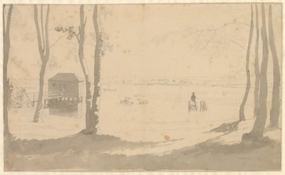 Kilátás a tóra, balra fürdőház, középen lovasok itatóznak, az előtér erdős alkotó: Christoffer Wilhelm Eckersberg