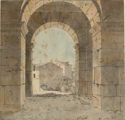 Kilátás észak felé a római Colosseum második emeletének egyik boltívén keresztül alkotó: Christoffer Wilhelm Eckersberg