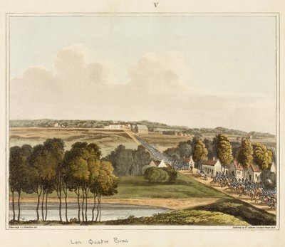 Les Quatre Bras, „An Historical Account of the Battle of Waterloo”, James Rouse metszete, 1817 (színes akvatinta) alkotó: C. C. Hamilton