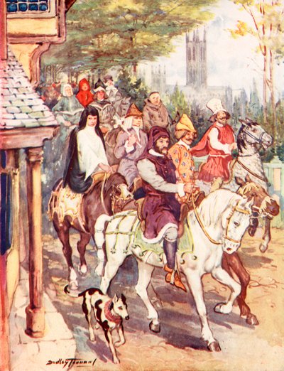 Chaucer lovaglás Canterburybe a zarándokokkal (színes litho) alkotó: C. Dudley Tennant