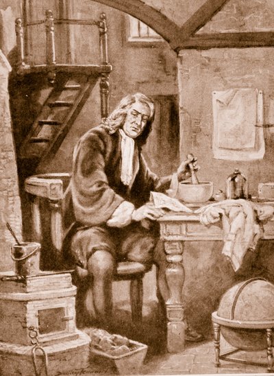 Sir Isaac Newton a kis szobájában alkotó: C. Dudley Tennant