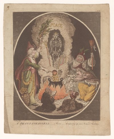 Rajzfilm az amiensi békéről, 1802 Egy fantazmagoria; - Jelenet - Fegyveres csontváz megidézése (cím a tárgyon) alkotó: C. Starcke