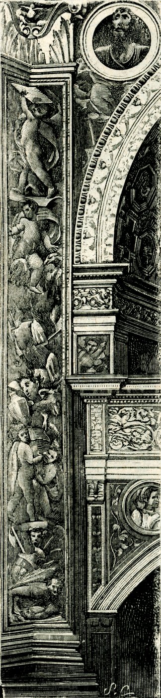 Callisto Piazza (kb. 1500-1561 vagy 1562) pilasztercsík, Tempio Civico della Beata Vergine Incoronata (Koronás Szűz Mária temploma), Lodi, Lombardia, Olaszország, fametszet alkotó: Callisto Piazza