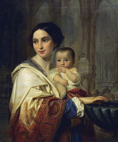 Anya gyermekével a karjában szenteltvizet merít alkotó: Camilla Guiscardi