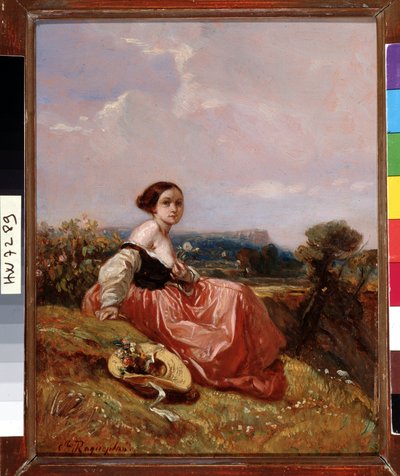 Fiatal lány kalapban a Sainte Mountain Victoire előtt Camille Roqueplan festménye (1803-1855) Dim. 18x23 cm Kötelező megemlítés: Gyűjtemény alapítványi üdvözlete Provence, Marseille alkotó: Camille-Joseph-Etienne Roqueplan