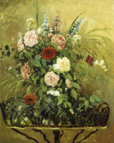 Virágcsokor rusztikus, fából készült kerttel; Virágcsokor, rusztikus fa ültetőgéppel, 1876 körül alkotó: Camille Jacob Pissarro