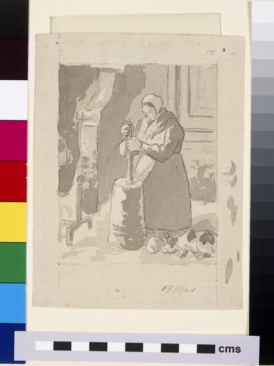Kompozíciós tanulmány egy vajat készítő parasztnőről (szürke mosás és kínai fehér fekete krétával papíron) alkotó: Camille Jacob Pissarro