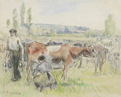 Kompozíciós tanulmány egy fejési jelenetről Eragny-sur-Epte-ben, 1884 (akvarell fekete krétával) alkotó: Camille Jacob Pissarro