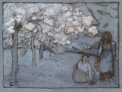Kompozíciós tanulmány két parasztasszonyról, akik egy gyümölcsöskertben beszélgetnek, 1894 körül (vörösbarna és indiai tintával, szénnel, testszínnel felerősítve, kék papírra). alkotó: Camille Jacob Pissarro
