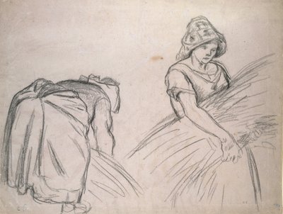 Tanulmány két nőstény aratóról, 1882 (fekete kréta rózsaszín papíron fehérrel) alkotó: Camille Jacob Pissarro