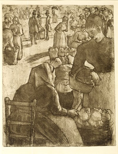 Zöldségpiac Pontoise-ban, 1891 (lágy őrölt rézkarc és akvatinta) alkotó: Camille Jacob Pissarro