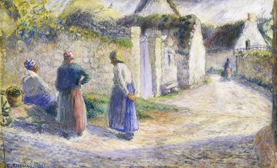 Falusi utca három emberrel a jobb oldalon alkotó: Camille Jacob Pissarro