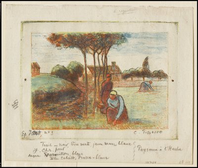 Fűt gyomláló parasztasszonyok, 1894 körül (kék, piros, sárga és fekete színnel, krémszínű papírra nyomtatva) alkotó: Camille Jacob Pissarro