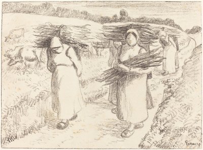 Parasztok hordozóbotokat alkotó: Camille Pissarro