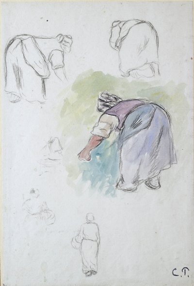 Tanulmányi lap: négy tanulmány egy női paraszti hajlításról és két tanulmány egy basát tartó nőről alkotó: Camille Pissarro