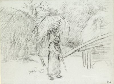 Tanulmány egy női parasztról, aki egy rakomány szénát cipelt a foucault-i paraszt udvarán, 1875 alkotó: Camille Pissarro