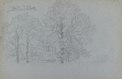 Fák tanulmányozása, egy bárka enyhe tanulmányozásával, 1859 alkotó: Camille Pissarro