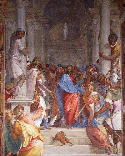 Házasságtörőnő Krisztus előtt, Camillo Boccaccino (1501-1546) freskója a San Sigismondo templom presbitériumában, Cremona, Olaszország alkotó: Camillo Boccaccino