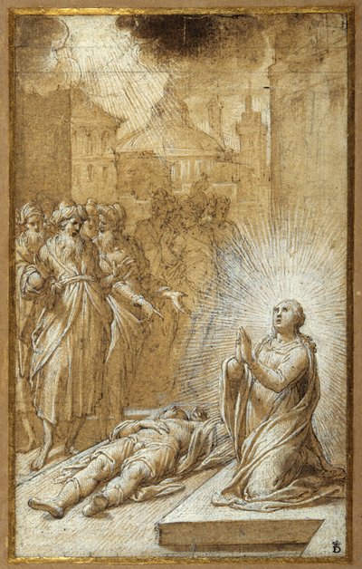 Női szent egy halott teste mellett imádkozik (finom toll és barna tinta barna mosással és kiemeléssel) alkotó: Camillo Procaccini