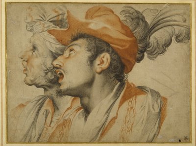 Groteszk két divatosan öltözött férfi éneklésével (fekete-piros kréta fehér papíron) alkotó: Camillo Procaccini
