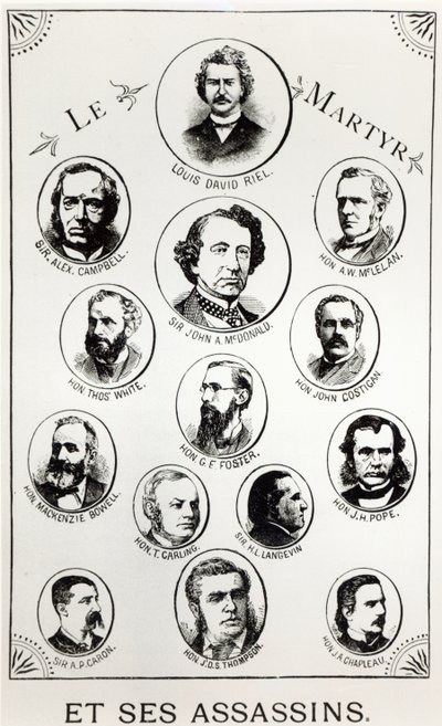 Louis Riel (1844-85) és bérgyilkosai, illusztráció a Le Gibet de Regina-ból, megjelent 1886 alkotó: Canadian School