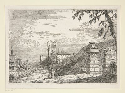 Táj toronnyal és két romos oszloppal, a Vedute sorozatból (Kilátások) alkotó: Canaletto (Giovanni Antonio Canal)