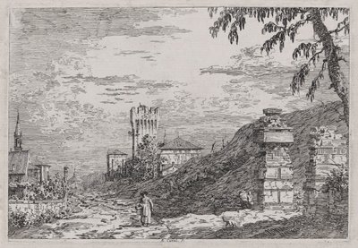 Táj toronnyal és két romos oszloppal, a Vedute sorozatból (Nézetek) alkotó: Canaletto (Giovanni Antonio Canal)