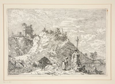 Tájkép a zarándokgal az imádságnál, a Vedute sorozatból (Nézetek) alkotó: Canaletto (Giovanni Antonio Canal)