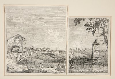 A hídon áthaladó kocsi [és] A kis emlékmű (fa alatt), a Vedute sorozatból (Nézetek) alkotó: Canaletto (Giovanni Antonio Canal)