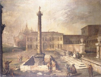 A Piazza capriccioja egy palota előtt Marcus Aurelius oszlopával, alkotó: Giovanni Antonio Canal