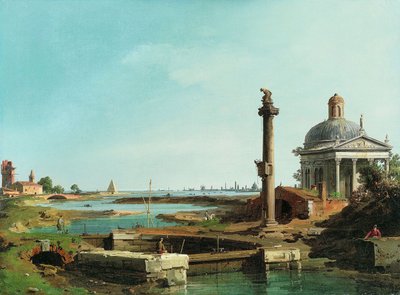 Egy zár, egy oszlop és egy templom a lagúna mellett. alkotó: Giovanni Antonio Canal