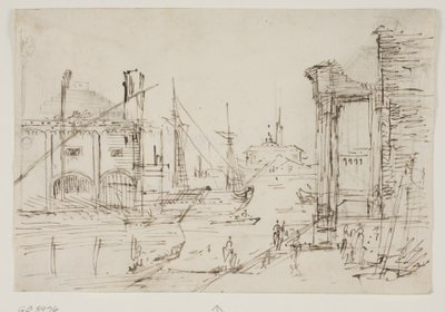 Capriccio klasszikus romokkal a rakparton, csónakház, két gálya, mögöttük egy vitorlás két árboca, háttérben kupolás templom alkotó: Canaletto