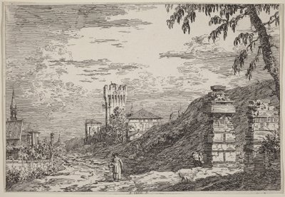 Tájkép toronnyal és két romos oszloppal alkotó: Canaletto