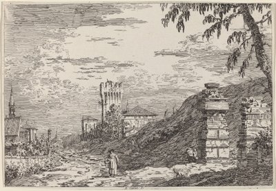 Táj toronnyal és két romos pillérrel, c. 17351746. alkotó: Canaletto
