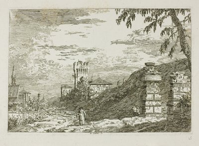 Táj toronnyal és két romos pillérrel, Vedute-ból alkotó: Canaletto