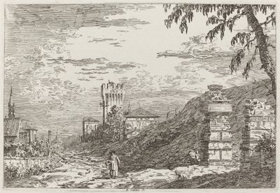 Táj toronnyal és két romos pillérrel [balra], c. 17351746. alkotó: Canaletto