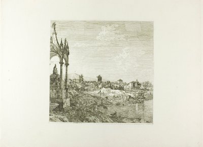 Egy város látképe egy püspöki sírral, Vedute felől alkotó: Canaletto