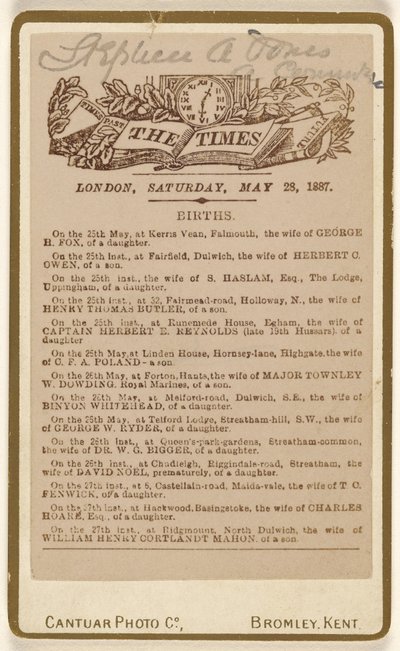 [Születéshirdetés a "The Times", London, 1887. május 28., szombat] alkotó: Cantuar Photographic Company