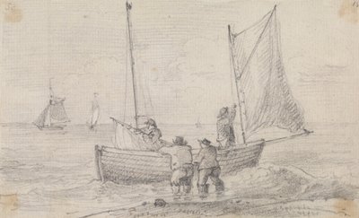 Vázlat a vitorlákat előkészítő csoportról a part közelében, Hastings alkotó: Capt. Thomas Hastings