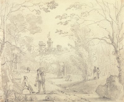 Vázlat egy park jelenetről East Cowes kastélyával a távolban, Wight-szigeten alkotó: Capt. Thomas Hastings